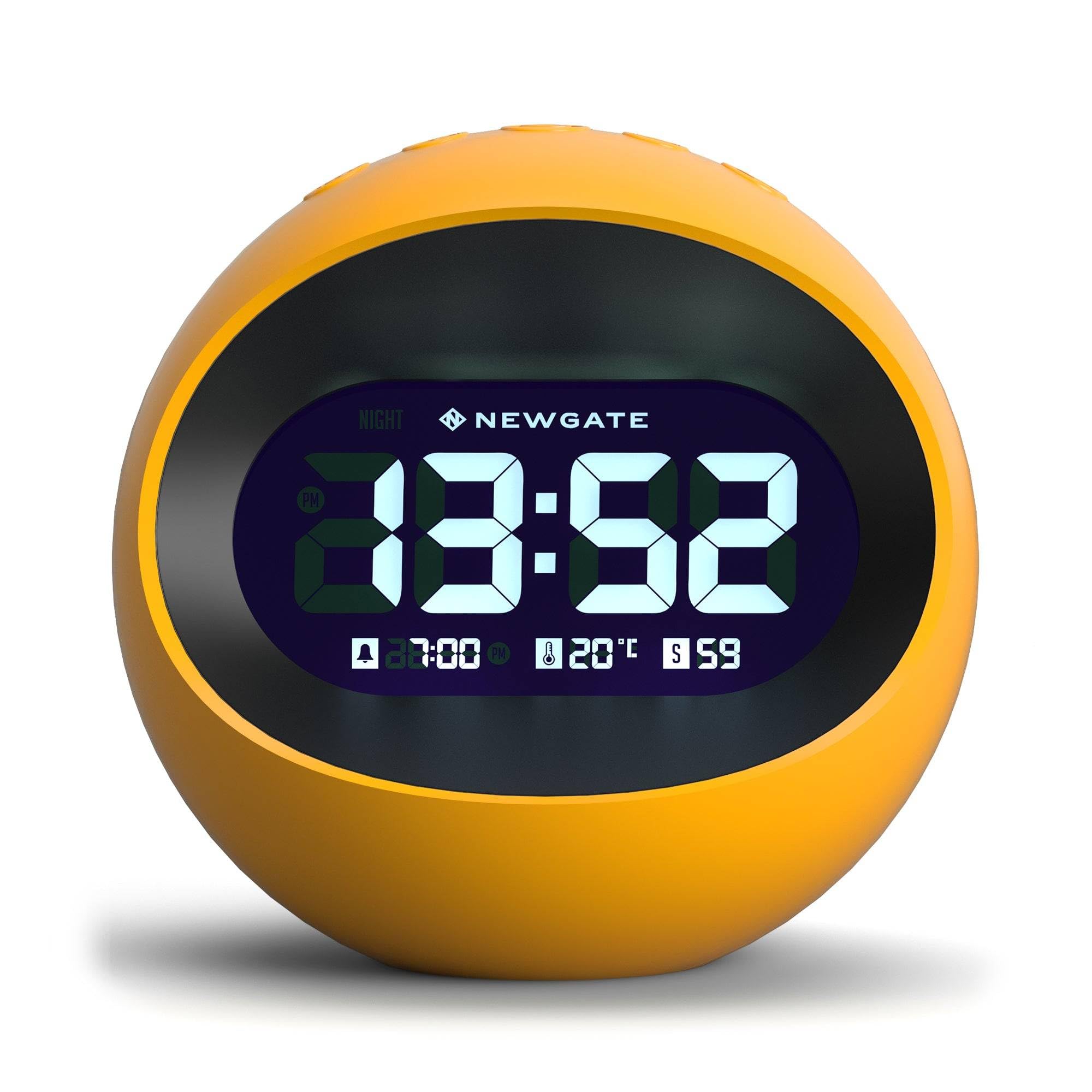NEWGATE® Centre of the Earth alarm clock | Round retro digital LCD clock | Yellow | Ideal for bedside, desk or shelf | Retro bedroom & office accessory — image 1