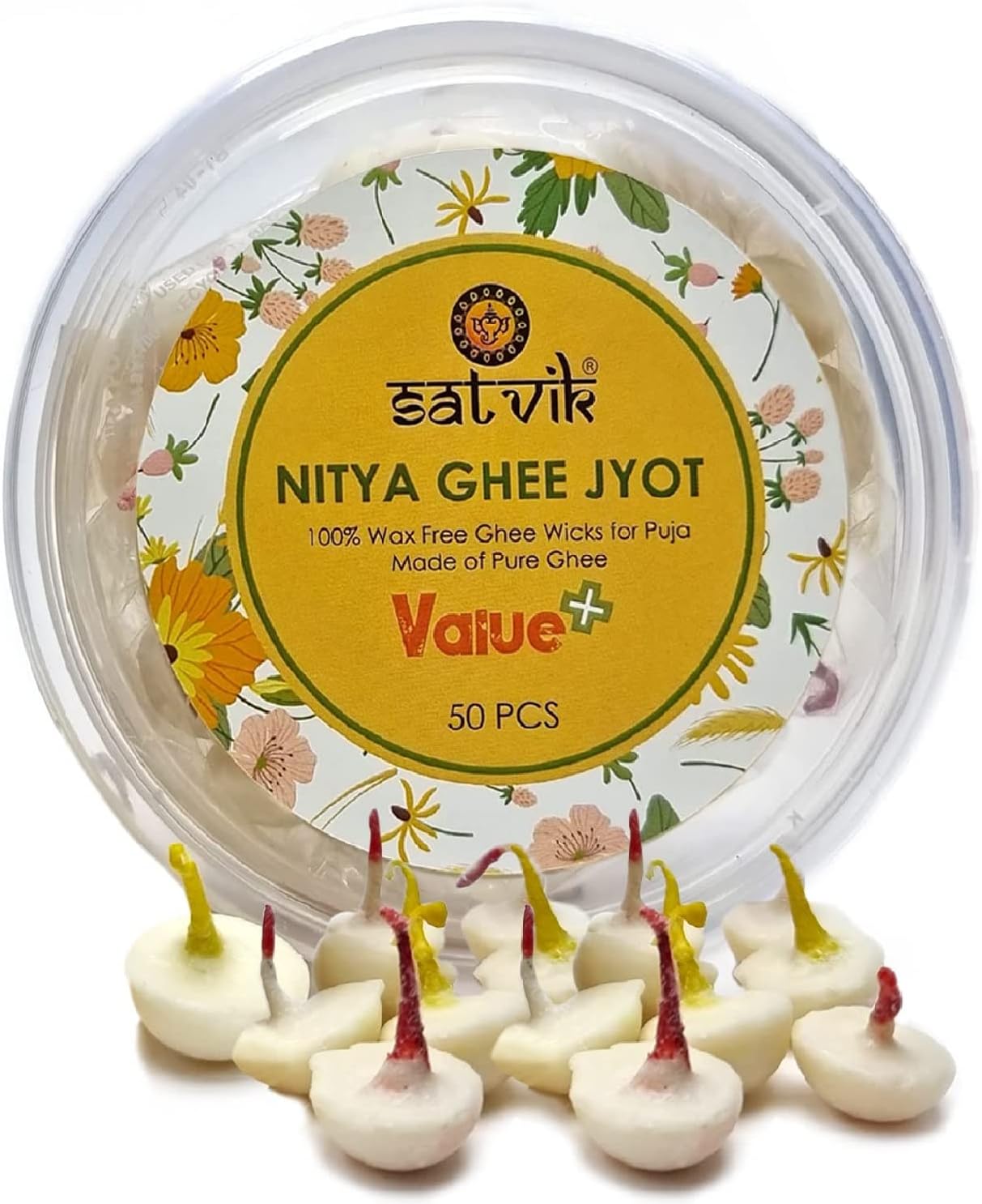 Oil Lamps & Accessories - Satvik Pure Ghee 50 Pcs. Wicks Readymade Pure Ghee Cotton Wicks Diya/Ghee Diya/Puja Batti for Your Daily Pujan Essential (Upto 30 Mins Time)
