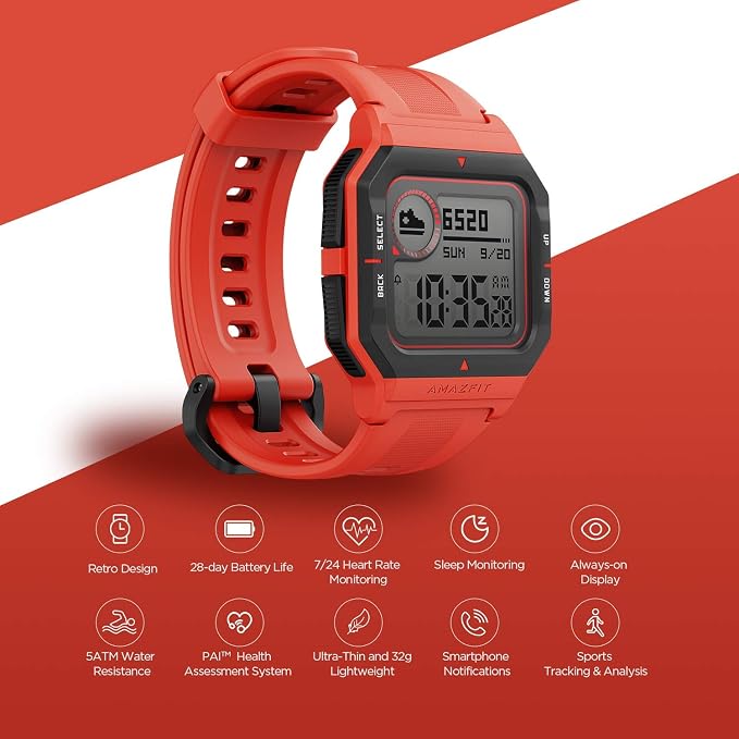 Amazfit Neo Smartwatch Orologio Fitness Sportivo Display Digitale da 1,2  Always-On Impermeabile 5 ATM Tempo di Durata fino a 28 Giorni Contapassi da  Polso Activity Tracker Rosso Adattatori Accessori  outlookplanningdevelopment.com.au