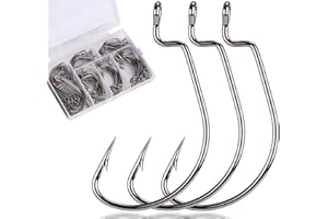 FINOSEAK 120Pcs Bass Hooks Set, Strong Offset Bass Fishing Hooks Freshwater Barbed Sharp Worm Hooks for Texas Rigging Fishing Extra Wide Gap 6 Sizes Assorted #1 1/0 2/0 3/0 4/0 5/0