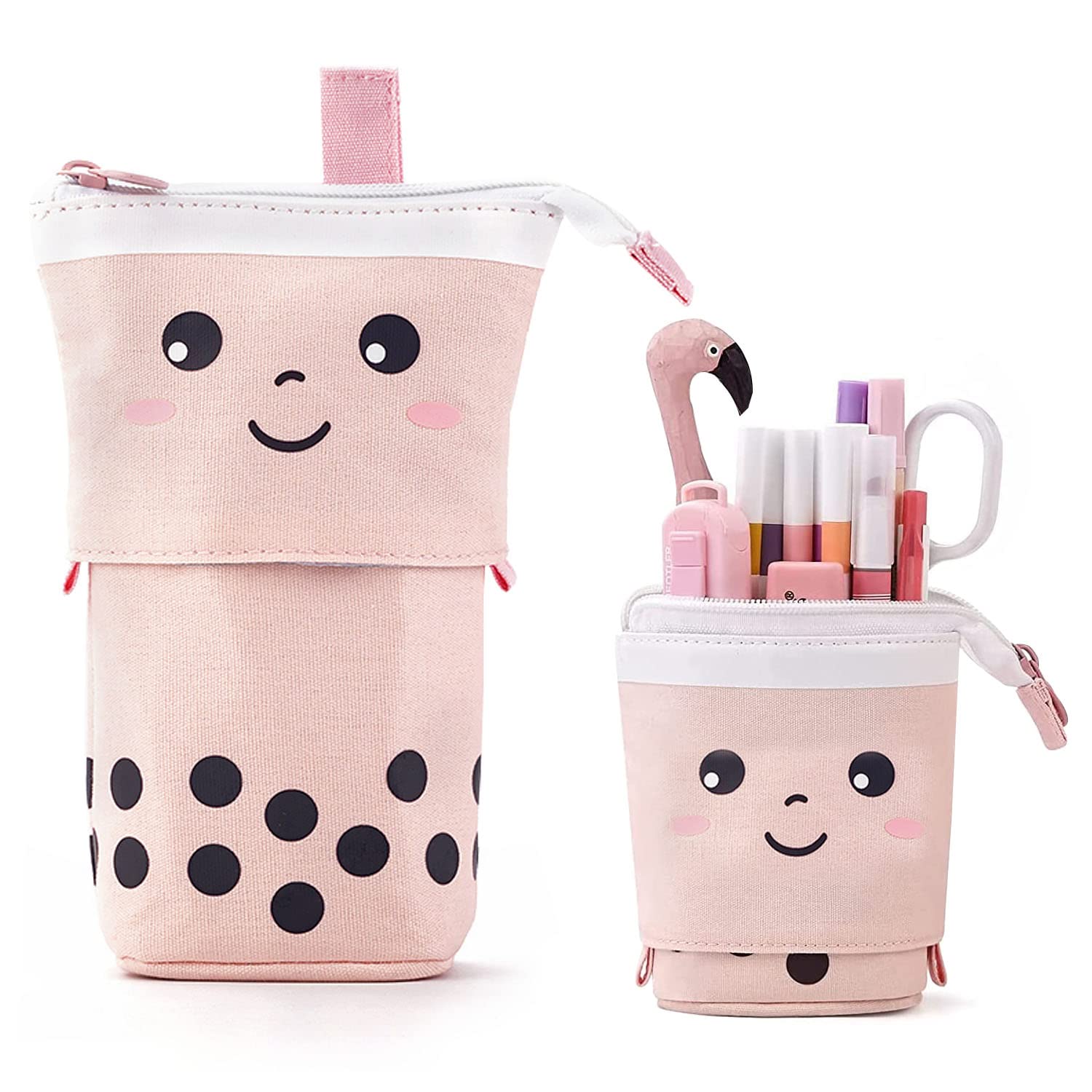 MAMUNU Stand Pencil Case, Cartoon Cute Pencil Pouch Telescopic Pen Bag Canvas Pencil Holder Cosmetic Makeup Bag for Girls Boys School Students Office Teenage Adult (Pink)