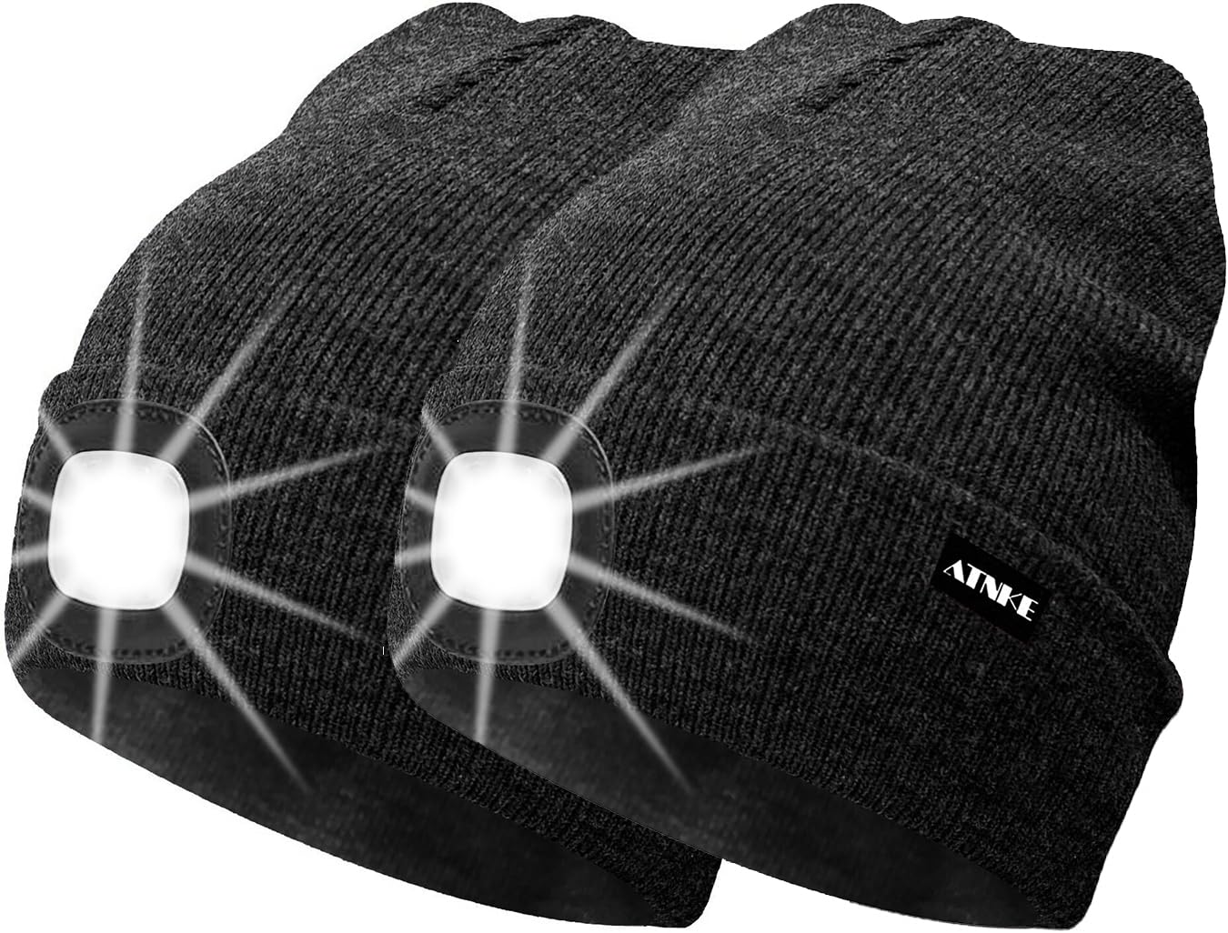 ATNKE 2Pcs New Warm LED Lighted Beanie Cap Unisex USB Rechargeable Running Hat Ultra Bright 4 LED Waterproof Light Lamp Multi-Color (Dark Grey, 2PCS) — image 1