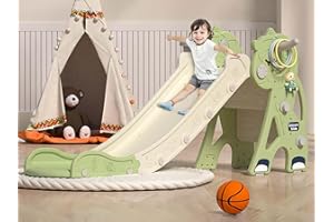 Sephyroth Toddler Slide for Toddler Age 1-3 Indoor Plastic Slide Outdoor Playground Climber Slide Playset with Basketball Hoop & Ring Game (Unicorn Green)