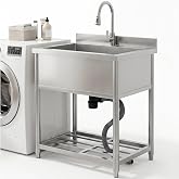 Stainless Steel Utility Sink, Freestanding Laundry Sink with Faucet | Large Sink for Commercial Restaurant, Bathroom, Laundry Room, Garage, Outdoor/Indoor, Pet Cleaning, D21.7 x W27.56 x H36.8 in