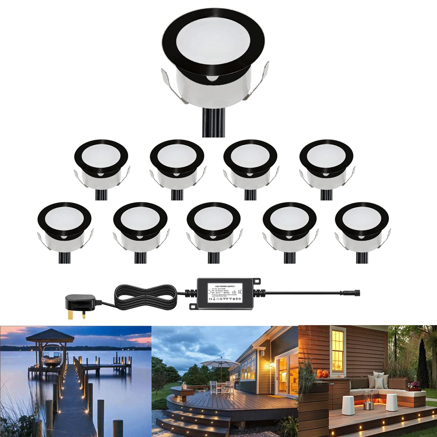 CHNXU Low Voltage Outdoor LED Decking Lights 30mm Recessed Garden Lights Waterproof IP67 Deck Lighting Kits for Kitchen Plinths Bathroom Lights, Patio Deck Yard Garden (10 Pack, Warm White（Black）)