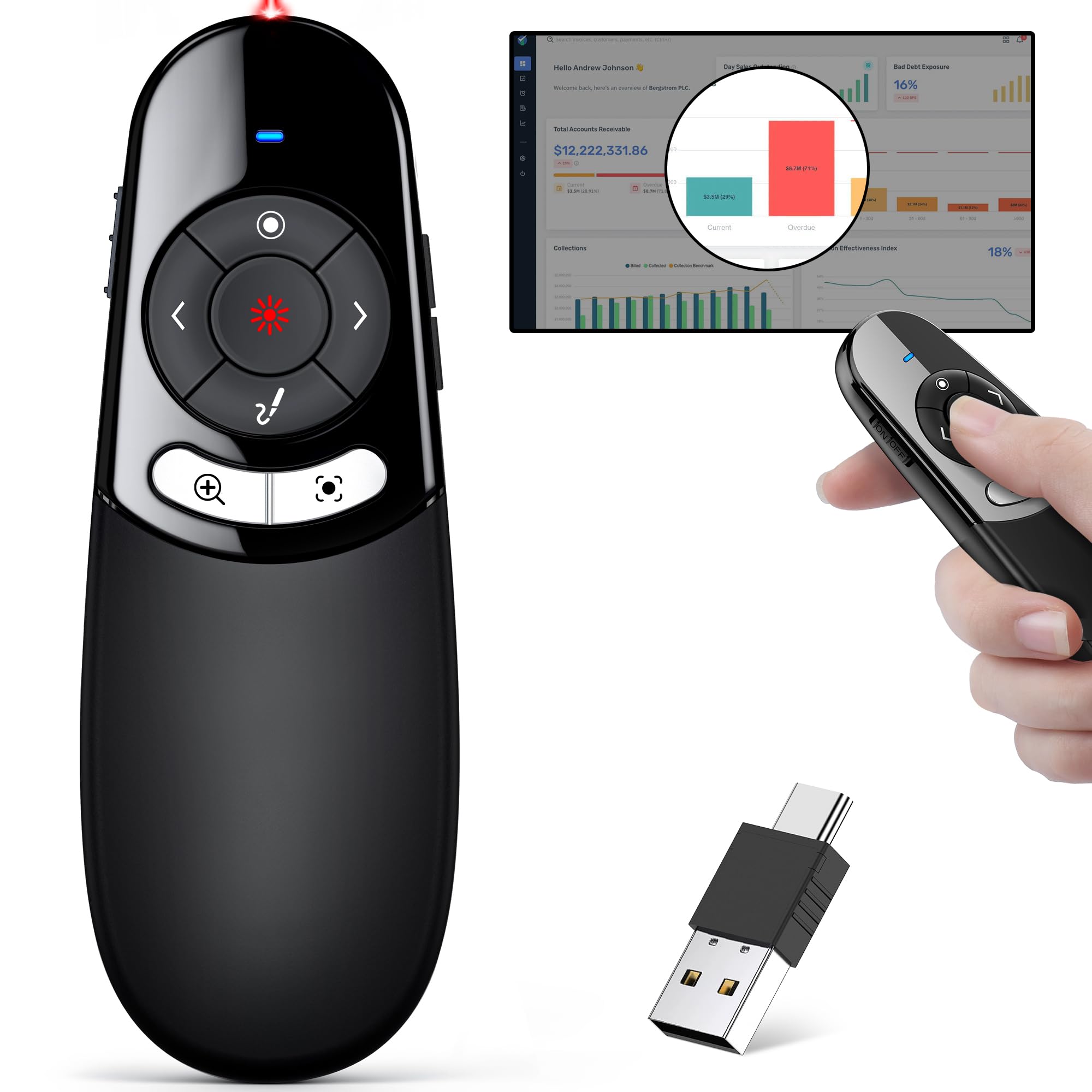 Photo 1 of 2 in 1 Type C USB Presentation Clicker with Physical and Digital Function, RF 2.4GHz Wireless Presenter Remote PPT Clicker for Computer Presentations, Slide Advancer for Mac Laptop