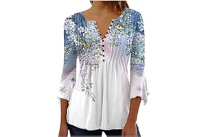 YARDSONG Womens Summer Tops 2023 3/4 Sleeve Round Neck Casual Blouses Solid Color/Fashion Print Shirts Going Out Tops
