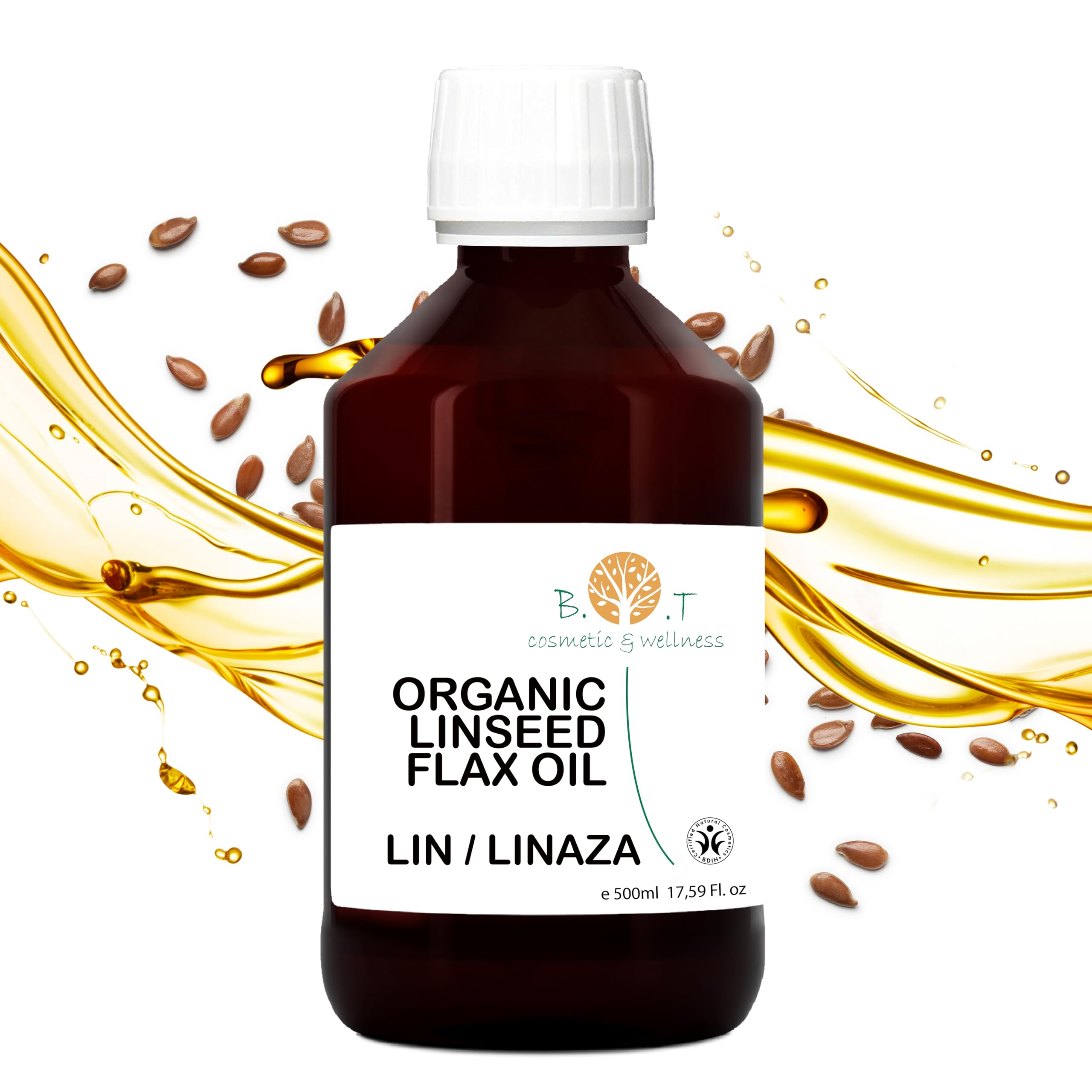 B.O.T Cosmetics - Organic Linseed Oil 500ml | Flaxseed Oil for Hair, Skin, Nails | Reduces Dandruff, Hair Loss, Acne, Wrinkles, Dark Spots | Makeup Remover, Sun Protection