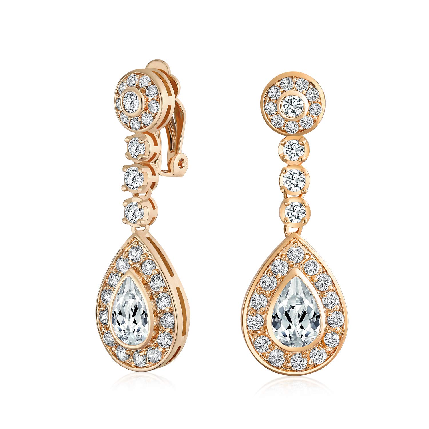 Teardrop Halo Cubic Zirconia Pave CZ Dangle Prom Statement Clip On Dangle Earrings For Women Rose Gold Plated Brass