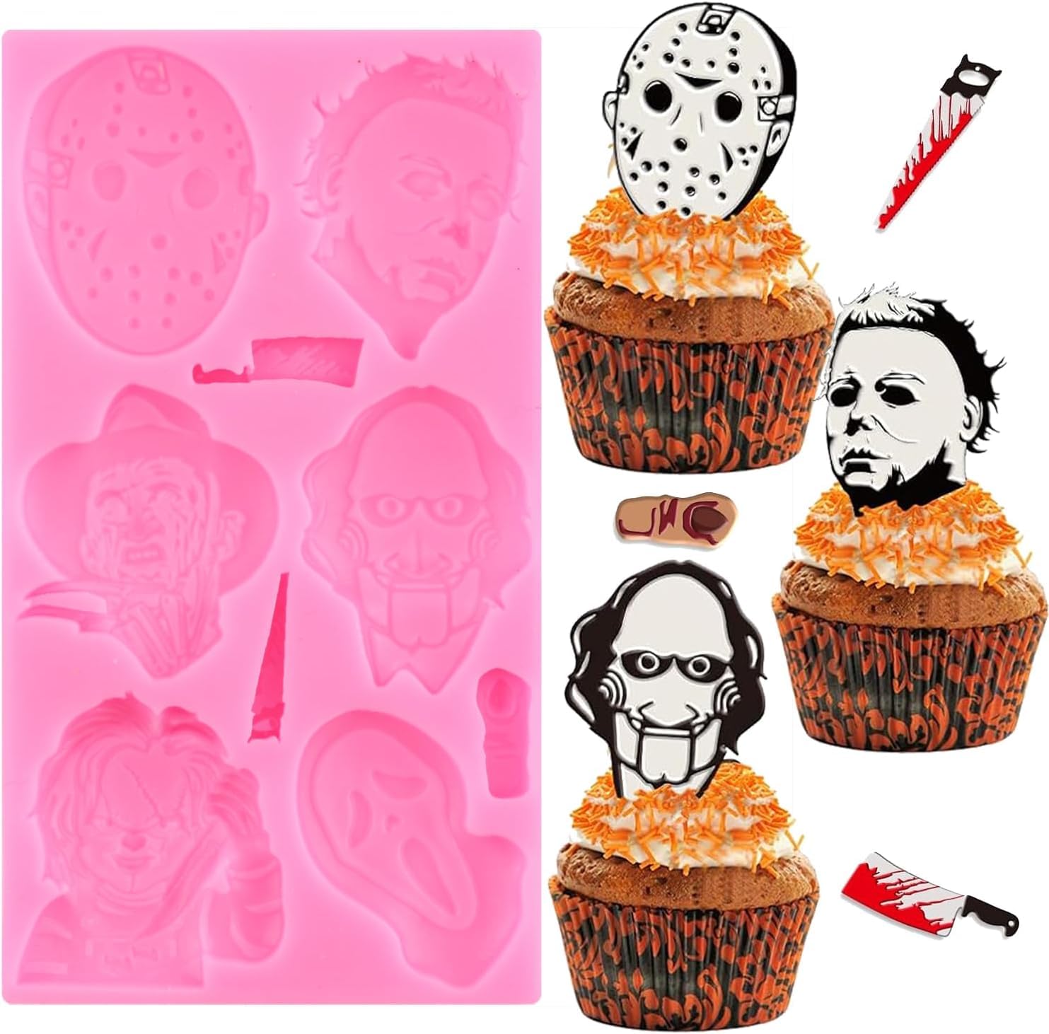 XMOLDNMS Scary Movie Characters Silicone Mould Horror Characters Fondant Moulds for Halloween Friends Cake Decoration Cupcake Topper Chocolate Candy Polymer Clay Gum Paste