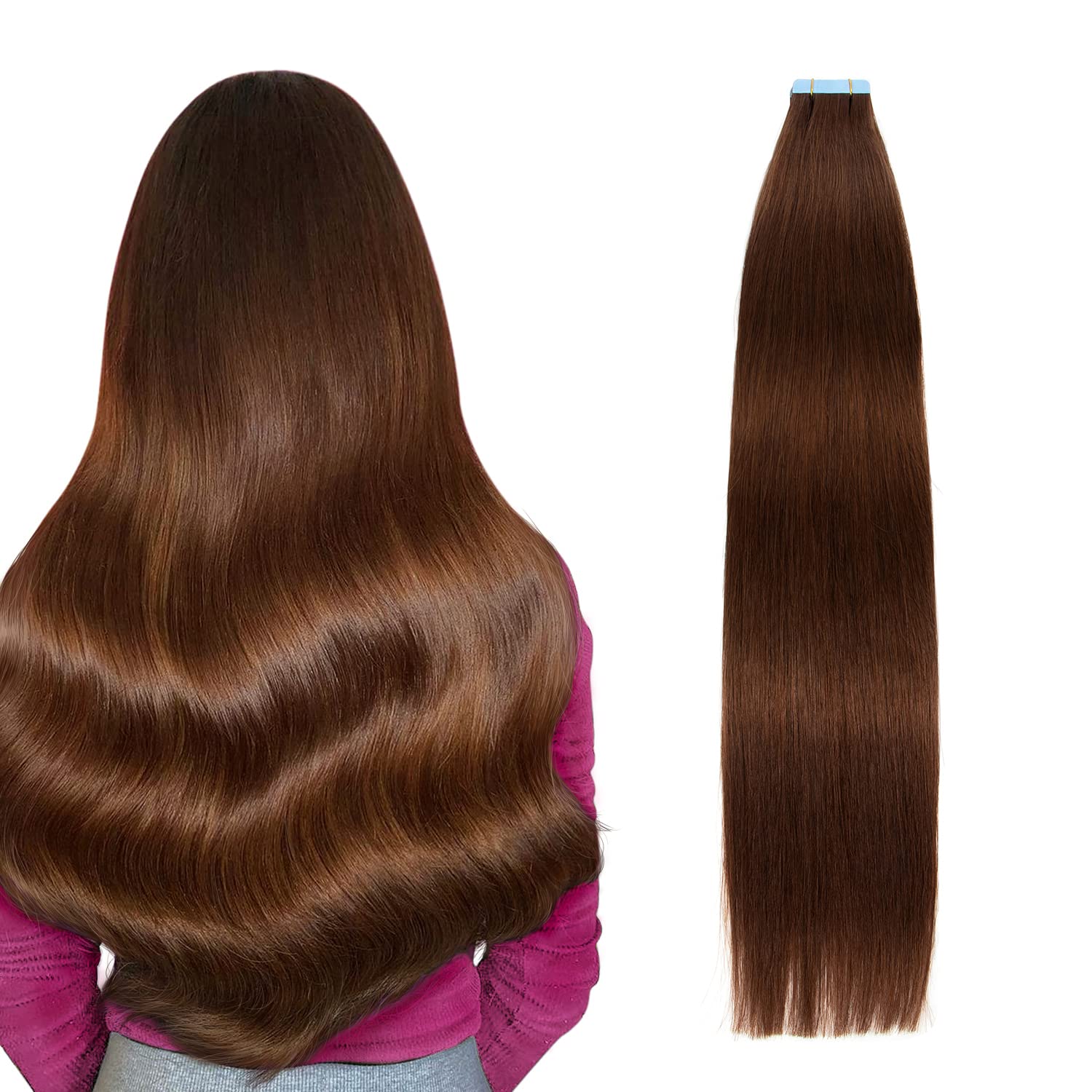 AGMITY Tape in Hair Extensions 100% Real Human Hair Chocolate Brown 16 inches 20pcs 40Gram Invisible Straight Thick Tape in Human Hair Extensions(16 inches #4 Medium Brown) — image 1