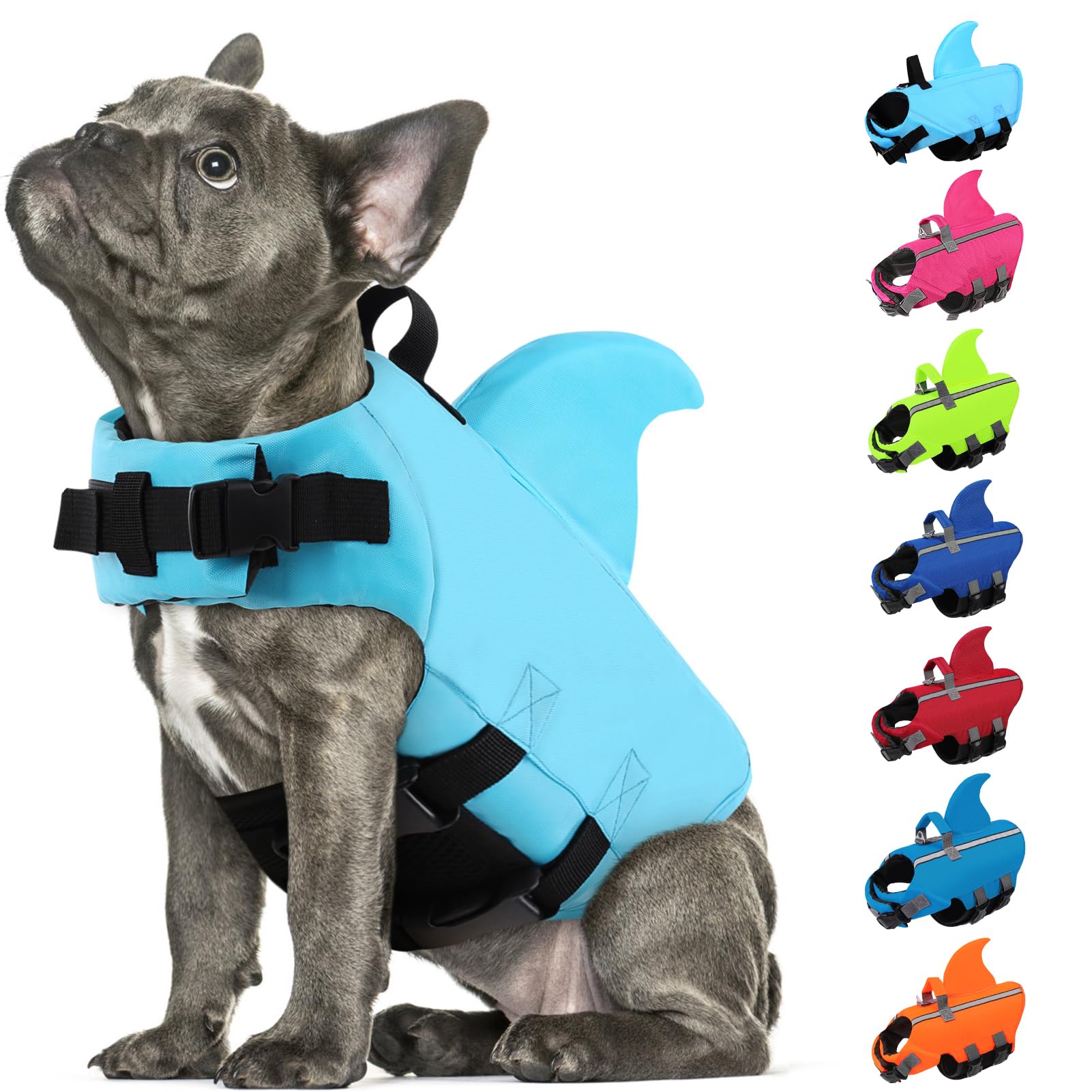 Photo 1 of SUNFURA Dog Life Jacket Shark Life Vest for Dogs, Adjustable Swmming Vest with High Buoyancy, Safety Lifesaver with Rescue Handle for French Bulldog Small Medium Breeds, Blue M