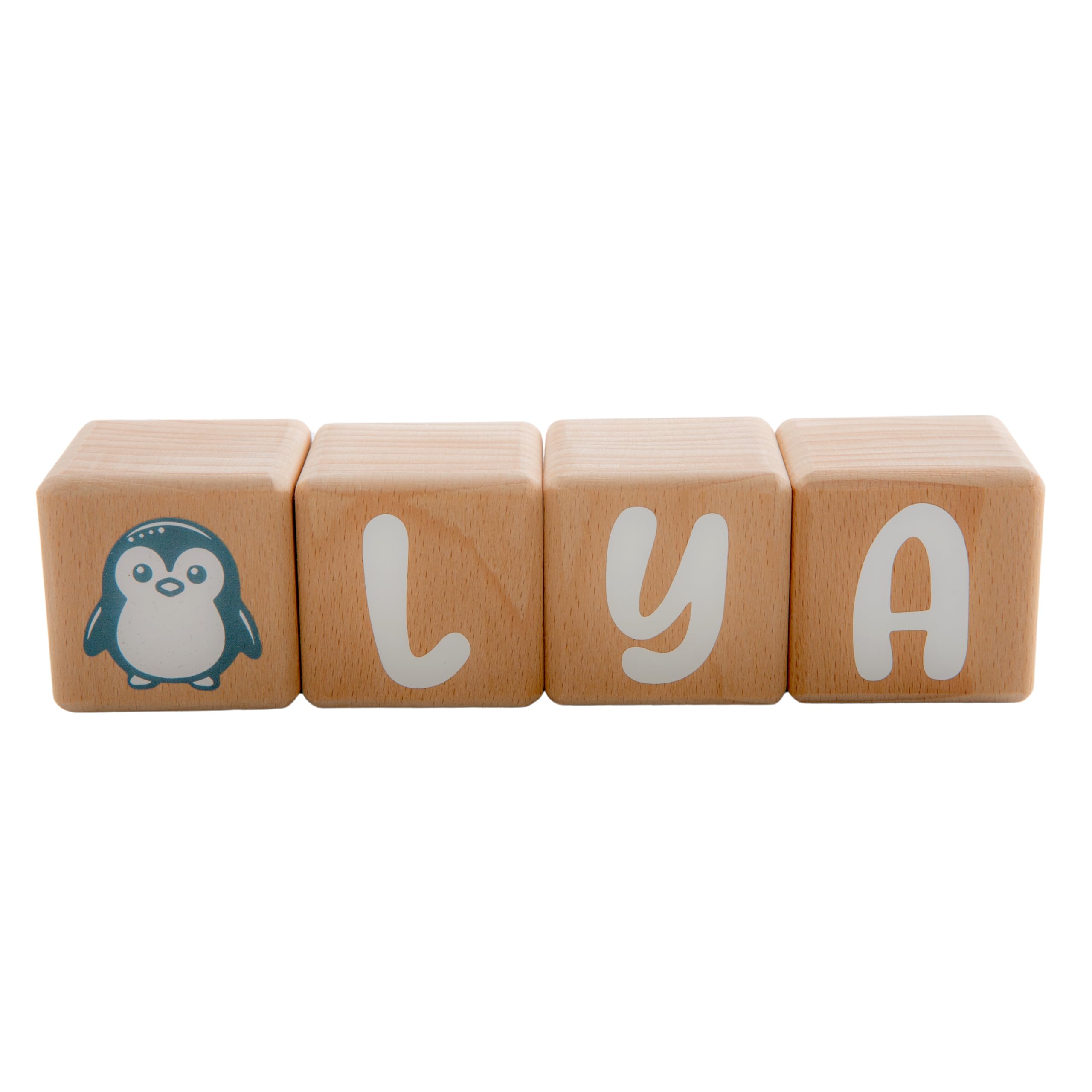 Louyou Wooden Cubes 5 cm x 5 cm Kits of 4 Cubes with White Stickers - Large Wooden Letters, Personalised First Name, Baby and Children's Room Decoration, Birth Gift and Personalised Gift