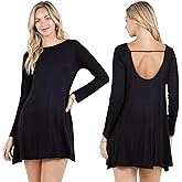 Azules Women’s Long Sleeve Tunic Dress – Casual Swing Mini Dress with Boat Neck & Scoop Back, Fall Winter Style