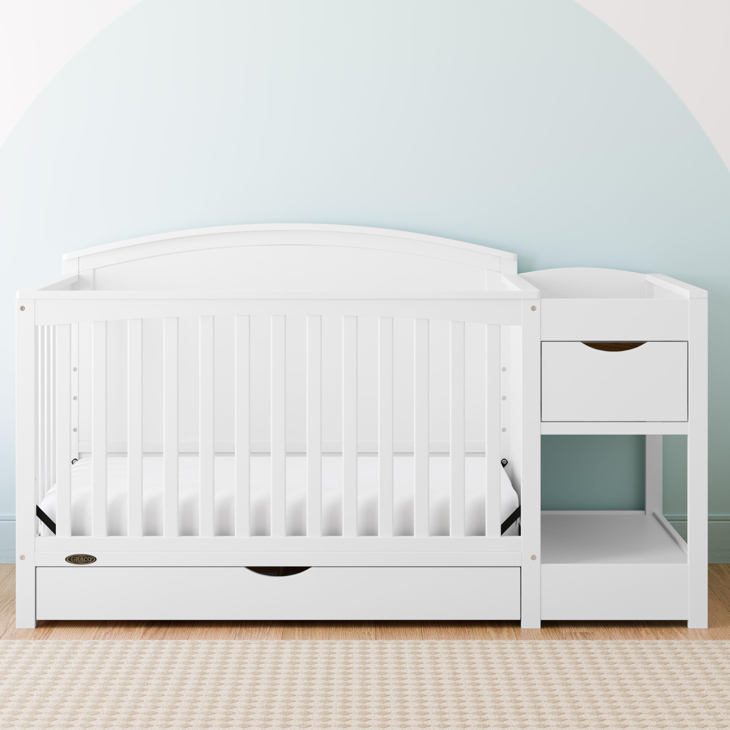 Graco Bellwood 5-in-1 Convertible Crib & Changer with Drawer (White) - GREENGUARD Gold Certified, Full-Size Storage Drawer, Converts to Toddler Bed and Full-Size Bed