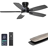 Ohniyou Ceiling Fans with Lights, 42'' Low Profile Ceiling Fan with Light and Remote/APP Control, Modern Flush Mount Ceiling Fan for Indoor Bedroom Kitchen, Dimmable, Qiuet DC Motor, Black