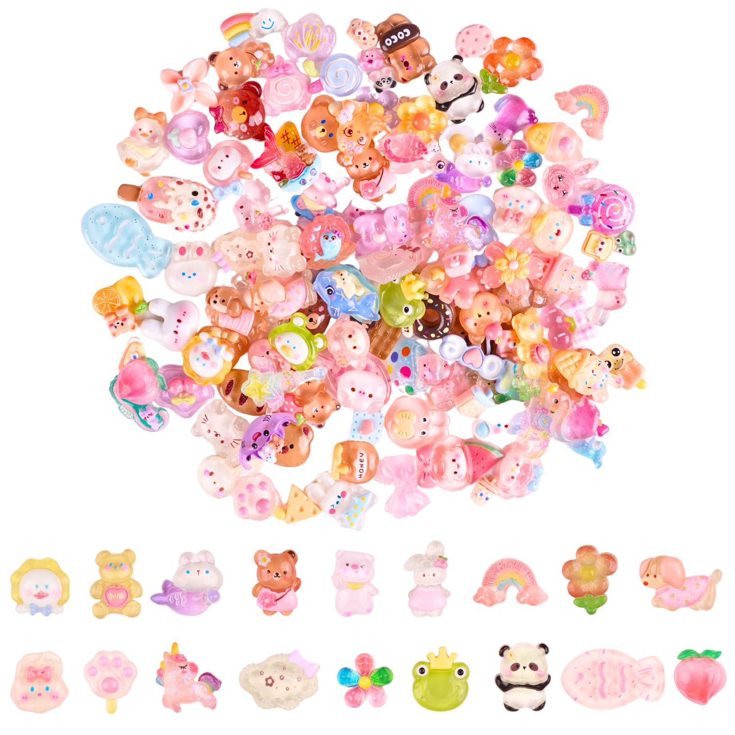 Photo 1 of 120Pcs Kawaii Slime Charms Set, Non-Repeating Mini Cute Flatback Resin Embellishments for DIY Crafting, Scrapbooking, Hair Clips, Shoes, Phone Cases - Assorted Animals, Food, Dessert, Flower