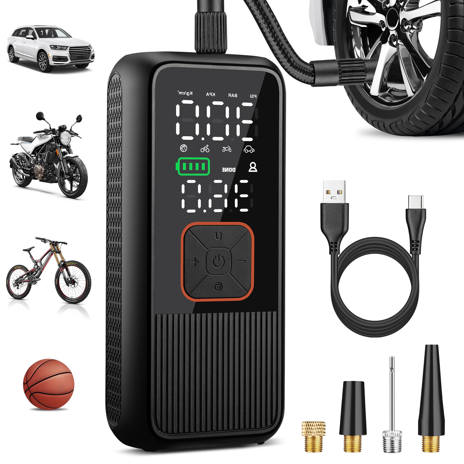 Photo 1 of Pwperry Tire Inflator Portable Air Compressor, 150PSI Smart Air Pump for Car Tires with Digital Tire Pressure Gauge, Portable Fast Tire Inflator for Car, Bike, Motorcycle, Ball and More