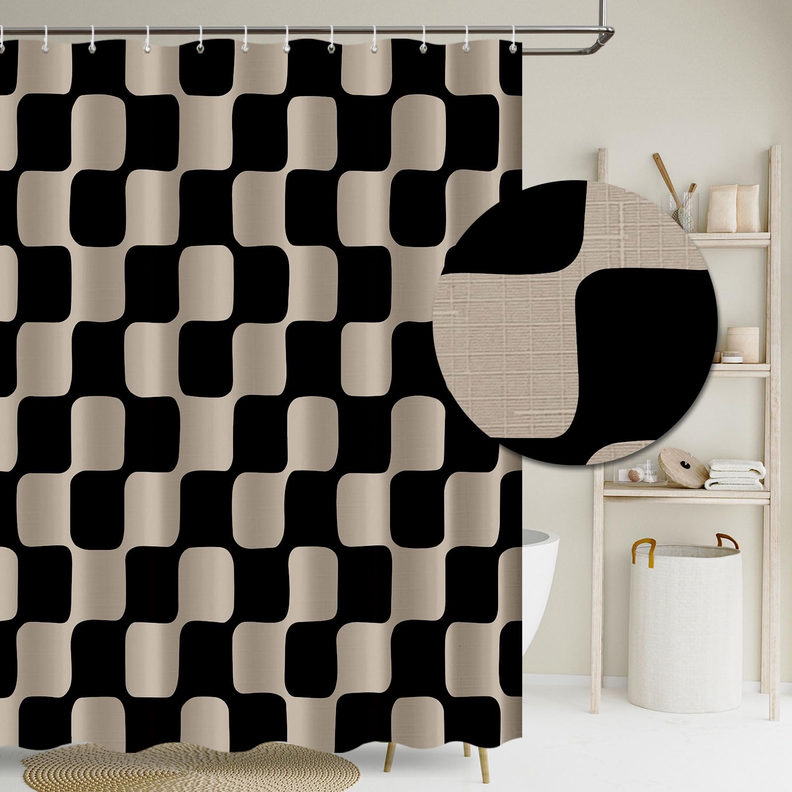 Photo 1 of Tititex Retro Checkerboard Grid Pattern 140gsm Faux Linen Fabric Shower Curtain, Black Brown Classical Groovy Wavy Checkered Shower Curtain Sets Decoration 72x72 Inch with Hooks