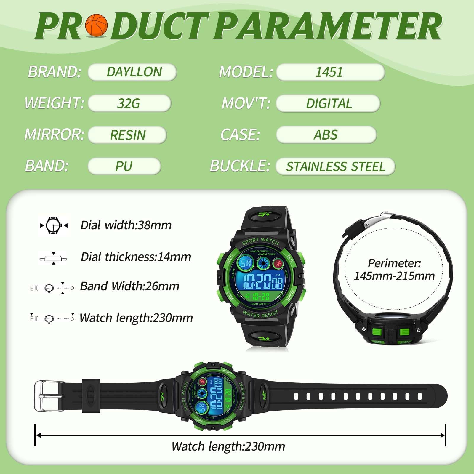 Dayllon Kids Digital Watch,Boys Digital Outdoor Sport Waterproof Watch,with Calendar 12/24H Alarm 7 Colorful Backlight Stopwatch Wristwatch for 3-15 Years Old