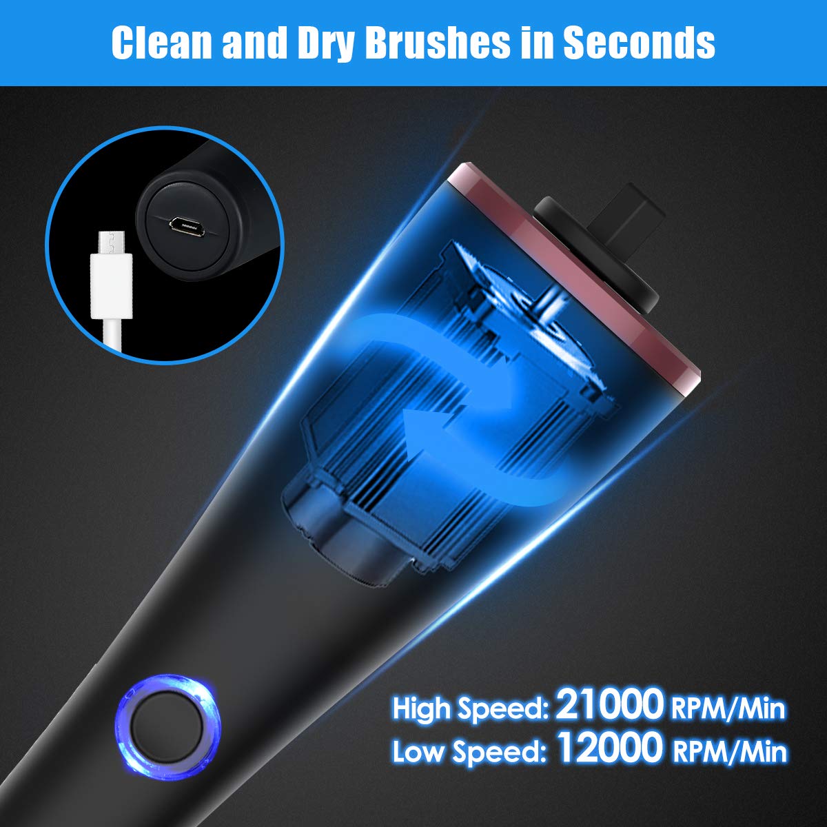 Makeup Brush Cleaner,Hizek Electric Makeup Brush Cleaner Spinner,USB Rechargeable Fast Automatic Brush Cleaner & Dryer Cosmetic Brush Washing Tools with 8 Rubber Collars,Cleaning 2 brushes at Once: Beauty