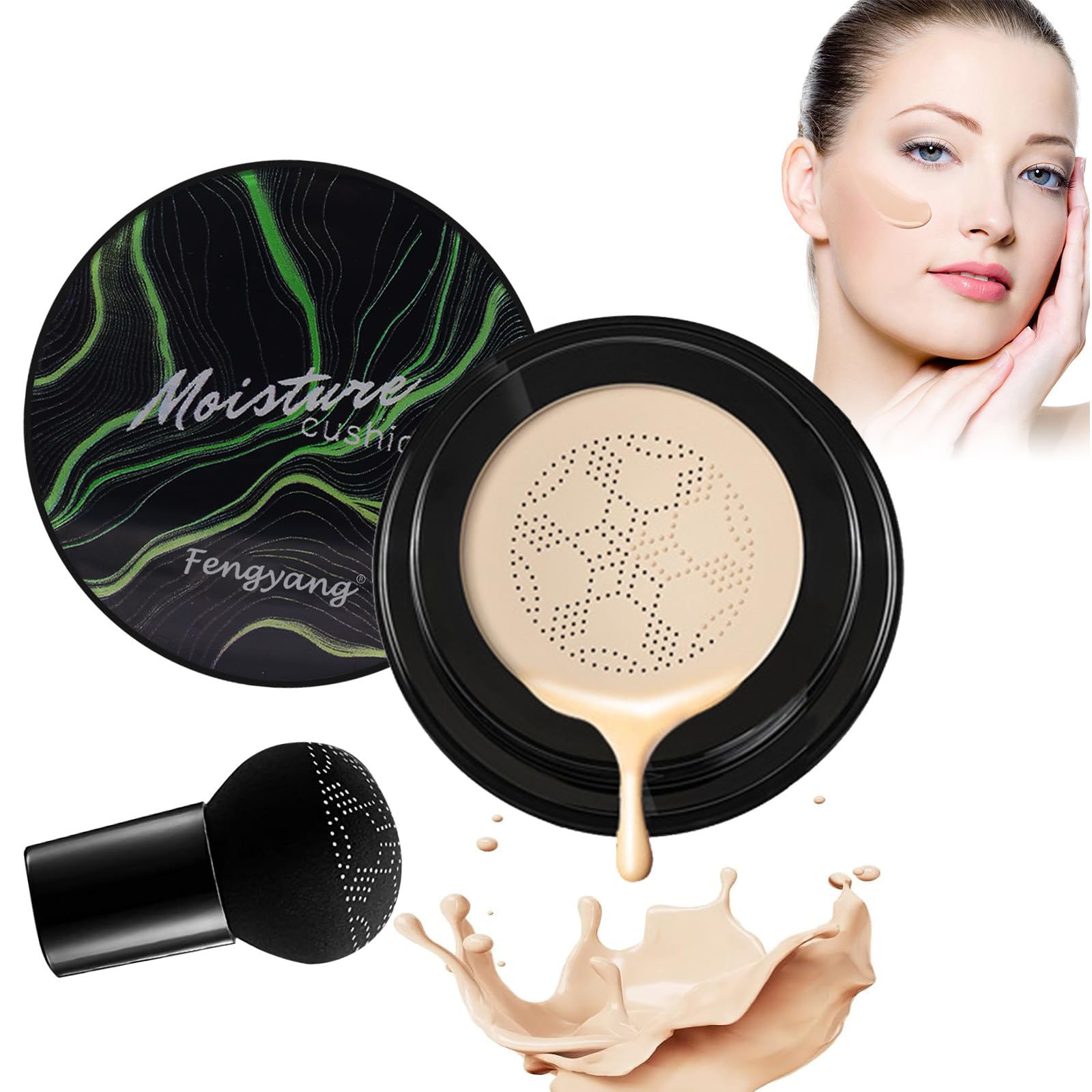Fengyang Mushroom Head Air Cushion CC Cream Foundation Cover Concealer, Foundation Makeup, BB Cream Foundation Nude Makeup Moisturizing Brightening Pigment Liquid Foundation (Ivory), 2 Piece Set