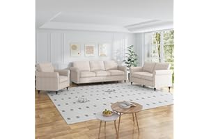MUZZ 3PCS Sofa Set for Living Room, Linen 6 Seater Couch Set with Nailhead Trim Design, Modern Living Room Furniture Set for Office, Apartments (Sofa & Loveseat & Chair/Beige)
