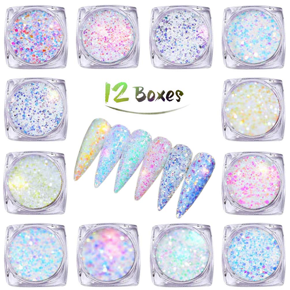 JASSINS 12 Colors Nail Holographic Glitter, Superfine Mixed Nail Sequins Decoration for Nails Art(Light Color): Beauty