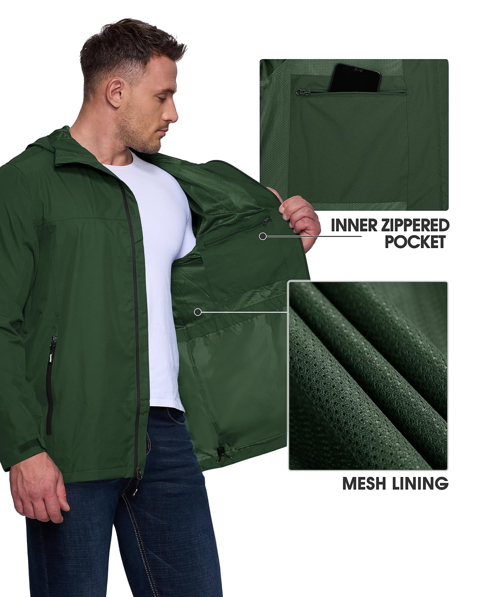 Outdoor Ventures Regenjacke Herren Wasserdicht Atmungsaktiv, Packbar Fahrrad Jacke Leichte Windbreaker zum Freizeit Wandern Camping Dunkelgrün/Schwarz L 5