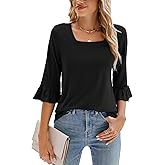 Poetsky Womens Casual 3/4 Sleeve Tops Summer Square Neck T Shirts Ruffle Loose Fit Tunic Blouses S-3XL