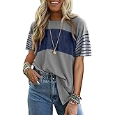 Dokotoo Summer Tops Trendy Oversized 2026 Crewneck Casual Color Block Striped Womens Shirts Blouses
