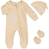 TITKKOP Newborn Baby Boy Outfits Zippered Romper Letter Embroidered Coming Home Jumpsuit with Hat Mittens