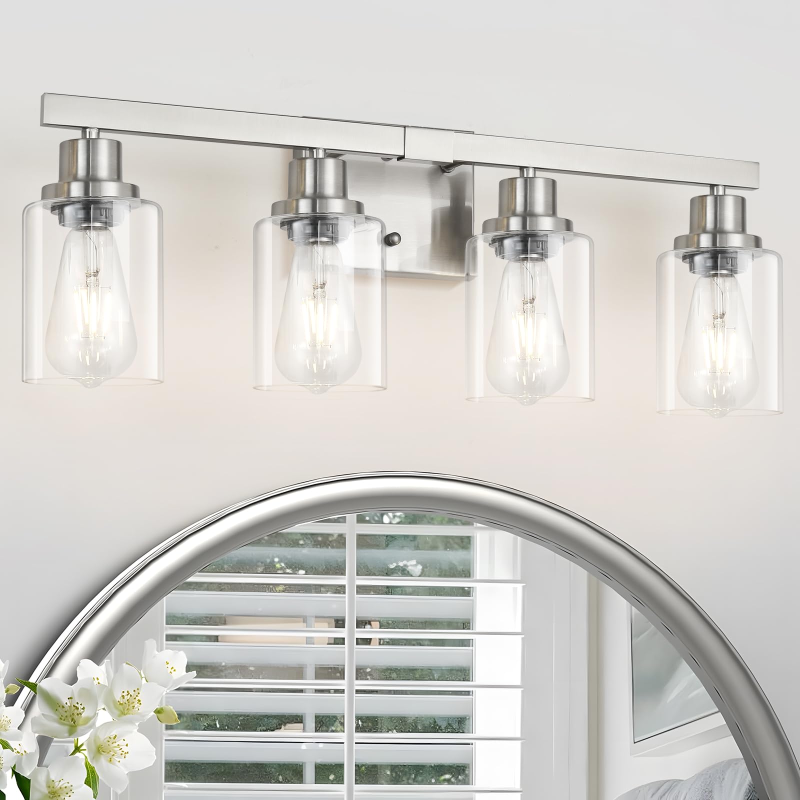Photo 1 of DIKAIDA Bathroom Vanity Light, 4-Light Nickel Modern Matte Wall Sconce Lighting with Clear Glass Shade, Wall Lights,Bath Vintage Wall Mounted Lamps for Mirror Bedroom Living Room