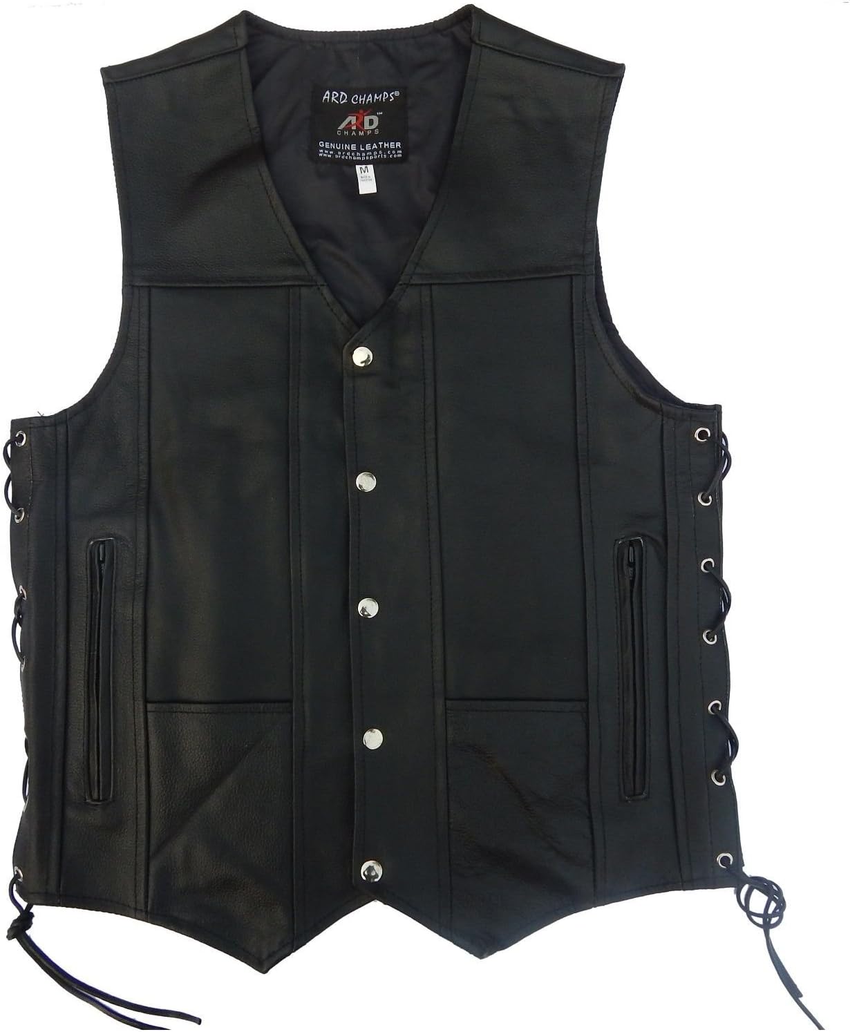 ARD CHAMPS Men's Leather 10 Pockets Motorcycle Biker Vest New