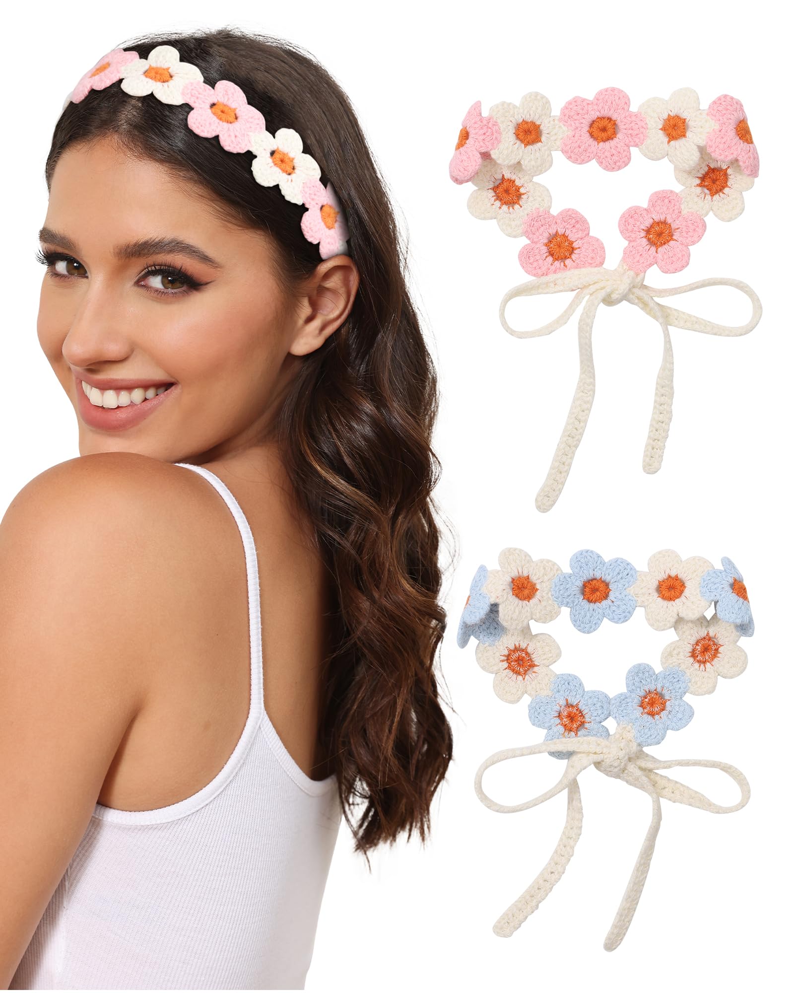 Photo 1 of AWAYTR Crochet Headbands for Women Hippie Headband Bandana Tie-Back Knit Headband for Girls Wide Head Bands Floral Crochet Headwrap (Blue + Pink)