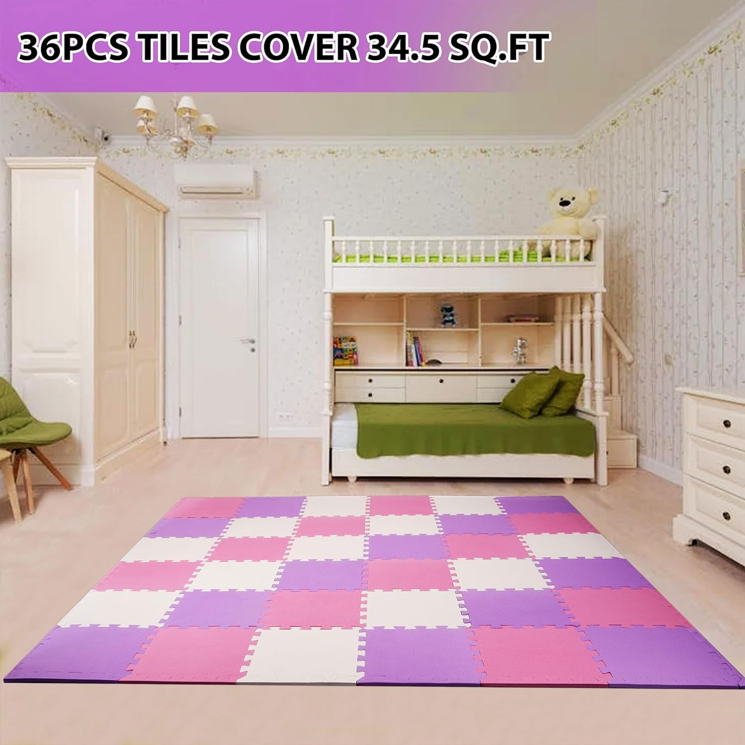 BalanceFrom Puzzle Play Mat, 36-Pc Interlocking Foam Floor Tiles, Pink/Purple/Beige - Playroom Tile Flooring Mats for Indoor and Outdoor Playpen and Playground