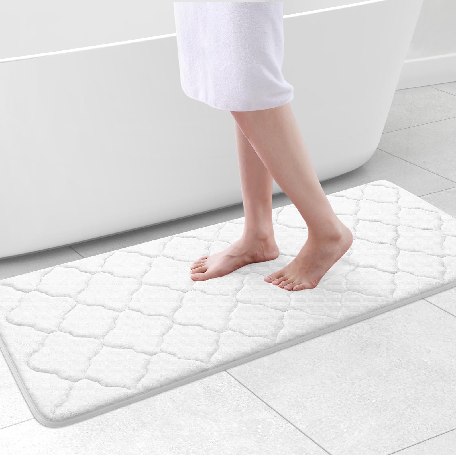 Photo 1 of OLANLY Memory Foam Bath Mat Rug 47x20, Ultra Soft and Absorbent Bathroom Rugs, Non-Slip, Comfortable, Machine Washable Bath Carpet for Bathroom Floor, Tub, Shower and Home Decor Accessories, White