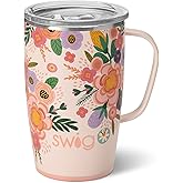 Swig Life 18oz Travel Mug, Insulated Tumbler with Handle and Lid, Cup Holder Friendly, Dishwasher Safe, Stainless Steel, Floral Mug, Flower Tumbler, Mothers Day Gifts for Mom (Full Bloom)