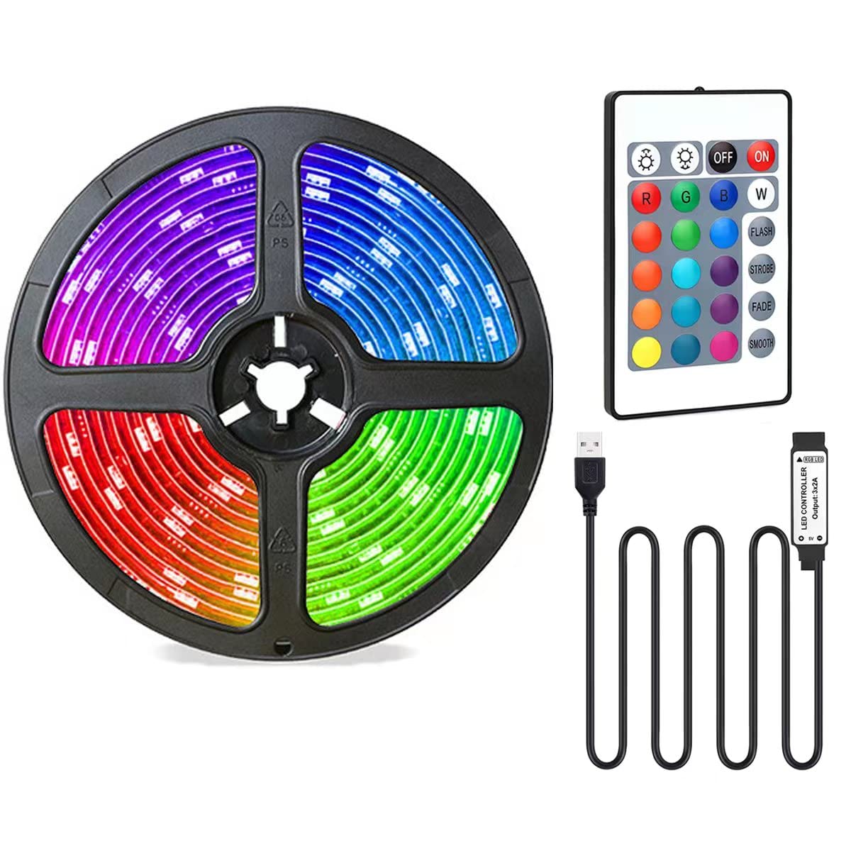 Valletock Fexible RGB Colour Led Strip Lights, 24 Button Remote Control, 5 Volt USB Powered Led Strip for Party, Room, Decoration (6.56 feet)
