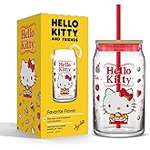 JoyJolt Sanrio Hello Kitty and Friends Favorite Flavor Glass Tumbler with Bamboo Lid and Straw, Leakproof 16oz Clear Soda Can Shaped Cup featuring Hello Kitty, Hello Kitty Merch