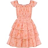 GRACE KARIN Girls Spring Summer Floral Dress Teen Ruffle Smocked 3 Layerr Dresses Kids Cute Boho Easter Clothes Size 7-14