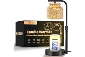 REIDEA Candle Lamp Warmer with Timer and Dimmer, Adjustable Height Glass Shade Wood Base - Melt for Large 3 Wicks Scented Candles (Up to D-5.5 inches/H-6.6 inches), Champagne Gold