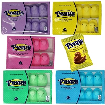 Peeps Marshmallow Chicks 5 Pack Total oF 50 Peeps with Bonus Chocolate Covered Peep