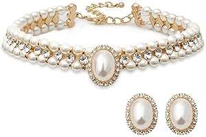 S SUSANN Costume Layered Twisted Gold Pearl Necklace Choker Chunky Glass Statement Pearl Necklace and Earring set, good gift for women Faux pearl necklace set