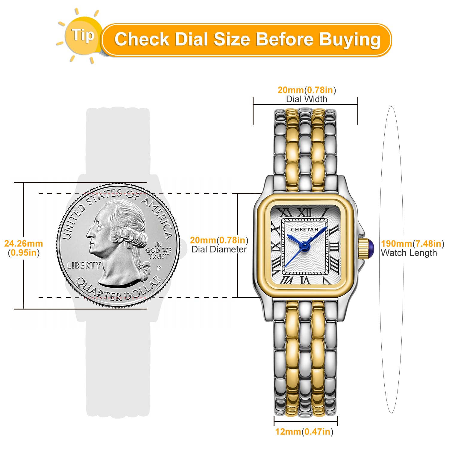 CHEETAH Gold Watches for Women with Small Vintage Bracelet, Rectangular Case Roman Dial