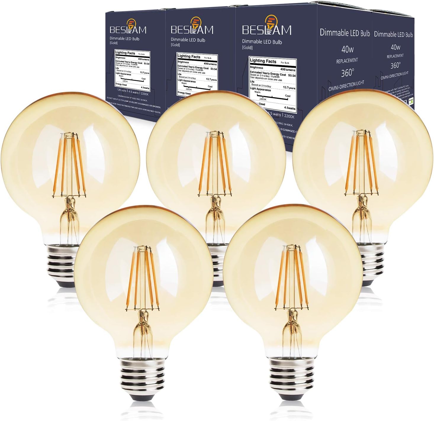 BESLAM 4.5w Vintage Globe Light Bulbs Edison LED Light Bulbs Dimmable G25 Type, 2200K Amber Glass Warm Glow, E26 Medium Screw Base, 40W Equivalent Filament Bulbs, 470 Lumens, 5 Pack