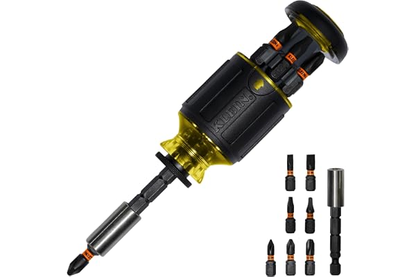 Klein Tools 32308 Multi-bit Stubby Screwdriver, Impact Rated 8-in-1 Adjustable Magnetic Tool with Phillips, Slotted, Square a