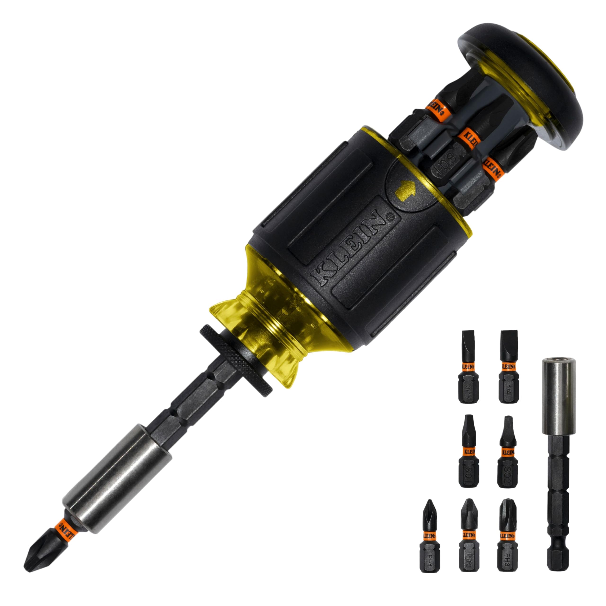 Klein Tools 32308 Multi-bit Stubby Screwdriver, Impact Rated 8-in-1 Adjustable Magnetic Tool with Phillips, Slotted, Square and Nut Driver