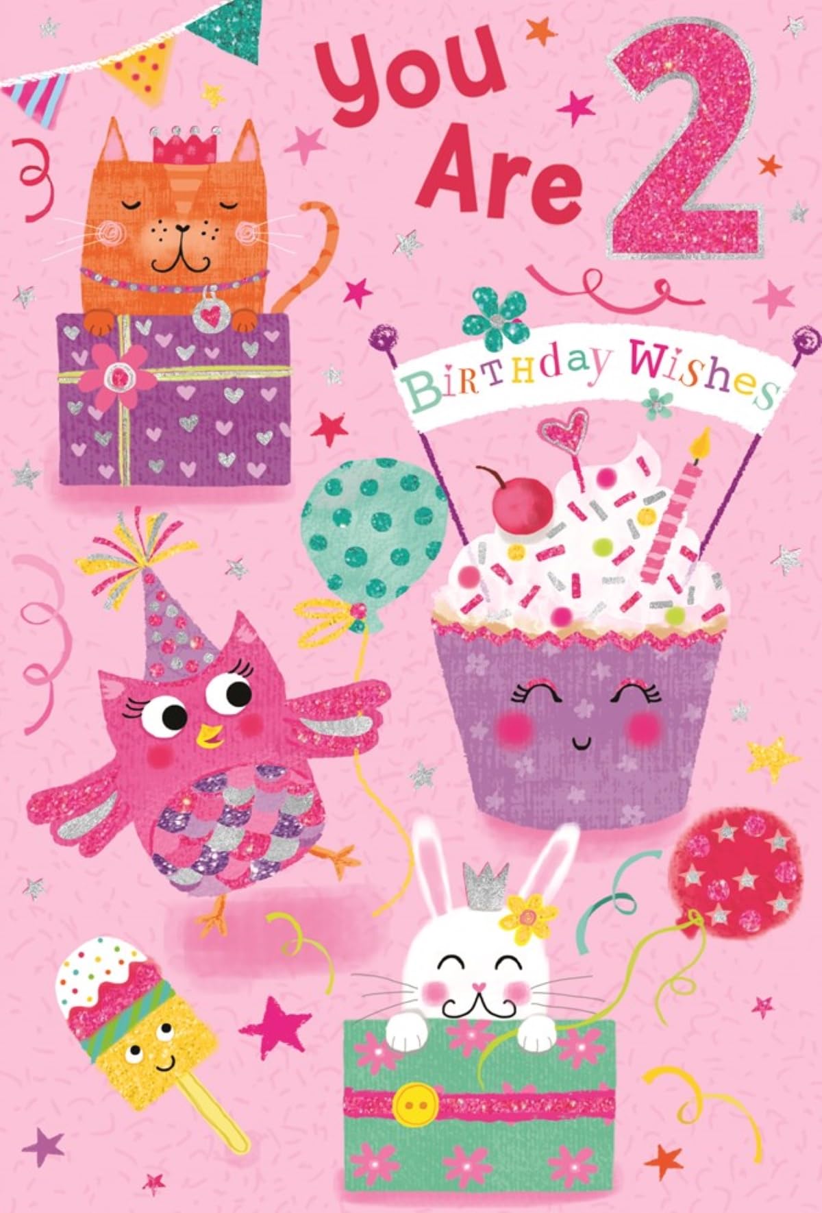Age 2 Birthday Card - 2nd Birthday Girl Animals & Cupcake Silver Foil 7.75x5.25"