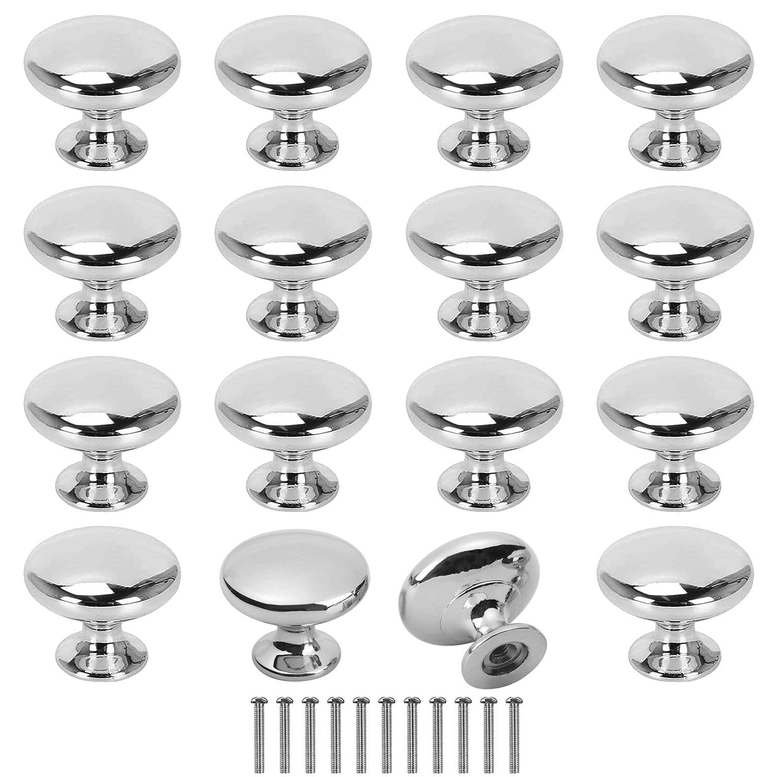 Zythrem 12Pcs Chrome Cabinet Knobs 30mm Silver Polished Drawer Knob Round Cupboard Wardrobe Door Knobs Mushroom Shape Pull Handle with Screws for Kitchen Bathroom Wardrobe Drawer Cupboard Furniture